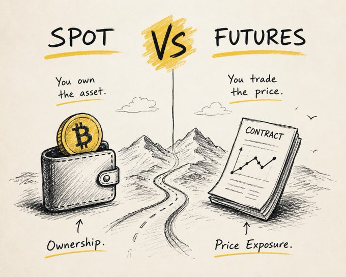 A hand-drawn comparison illustrating "SPOT VS FUTURES" trading, with the left side showing a Bitcoin coin in a wallet labeled "You own the asset" and "Ownership," while the right side displays a contract document with a price chart labeled "You trade the price" and "Price Exposure," visually reinforcing the post's message that spot and futures markets share similar chart interfaces but represent fundamentally different products—one involving actual asset ownership and the other just price exposure.