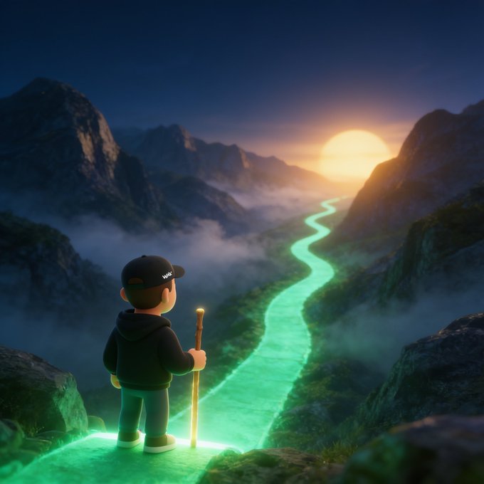 A cartoon explorer wearing a "WAX" cap stands with a wooden staff overlooking a glowing green river winding through misty mountains toward a setting sun, symbolizing the start of a new journey or "block."

The image perfectly complements the post's message—Gandalf's wisdom about using time wisely parallels the explorer's contemplative stance at the trailhead, ready to begin a fresh chapter, with the glowing path representing the new month and fresh block ahead for the WAX community.