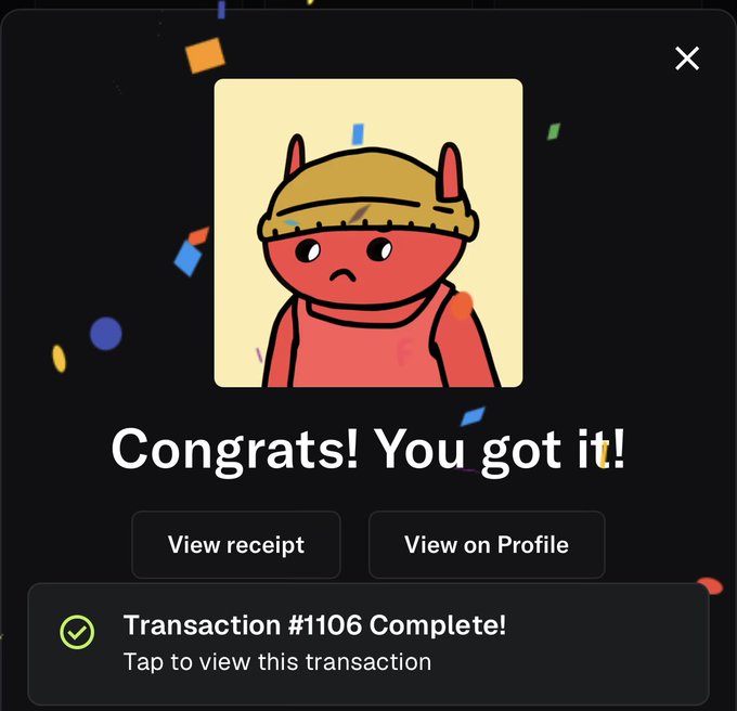 A celebratory pop-up on a dark background with confetti displays "Congrats! You got it!" alongside a cartoon red alien character wearing a yellow cap, marking "Transaction #106 Complete!" This image shows the successful purchase of an Alien Fren NFT, tying into the post's appreciation for the @alienfrens community as one of the first and best the author joined.