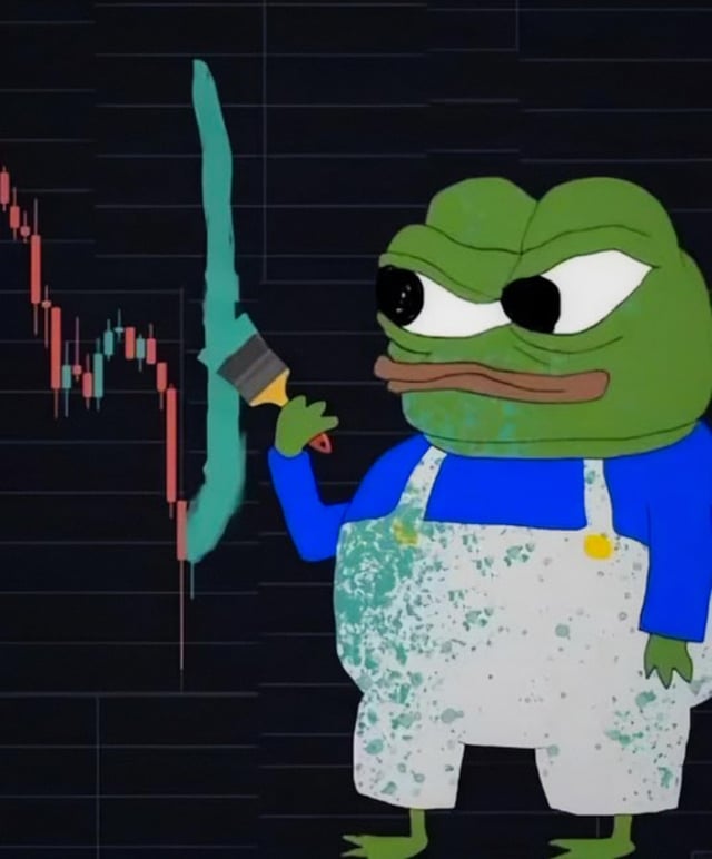 A sad Pepe the Frog meme character wearing paint-splattered overalls and holding a paintbrush, with a bold green line painted upward over a candlestick chart against a dark background. The image humorously illustrates the post's caption about "fixing the PEPE chart" by visually painting a green upward trend line to improve the cryptocurrency's price action.