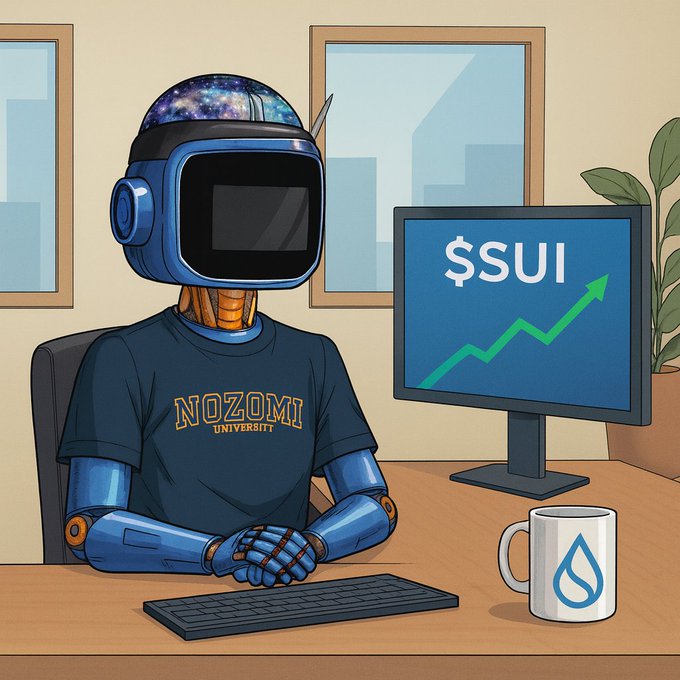 Illustration of a robot with a galaxy-patterned head wearing a 'NOZOMI UNIVERSITY' t-shirt sitting at a desk with a monitor displaying '$SUI' and an upward trending arrow, alongside a mug with the Sui logo.