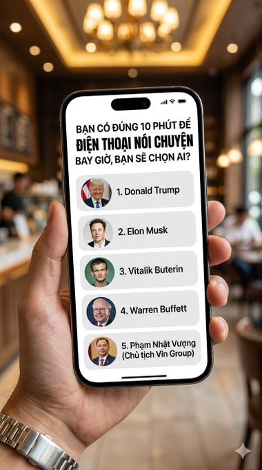 A person's hand holding a smartphone displaying a list of names, including Donald Trump, Elon Musk, Vitalik Buterin, Warren Buffett, and Phânh Nhật Vượng (Chủ tịch Vin). The post is titled "BẠN CÓ ĐÚNG 10 PHÚT ĐỂ ĐIỆN THOẠI NÓI CHUYỆN NGAY BÂY GIỜ, BẠN SẼ CHỌN AI? (Lưu ý: Nếu là người nước ngoài thì phải nói bằng ngôn ngữ của họ nhé!)".