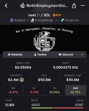 A mobile screenshot from pump.fun shows the token "neet" (NEET/SOL) with ticker #18, currently priced at $0.05084 and a market cap of $50.8M, reflecting the organic, community-driven momentum referenced in the post about $retire and $neet's relatable trenches culture.