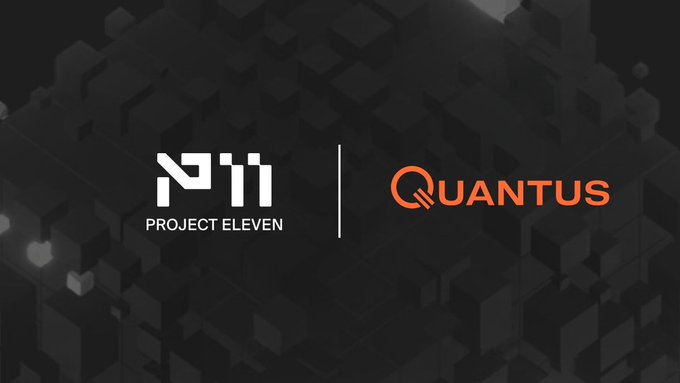 The image displays the logos of "Project Eleven" and "Quantus" side by side on a dark, geometric background, visually representing their new development partnership to help crypto and non-crypto institutions transition to the post-quantum era.