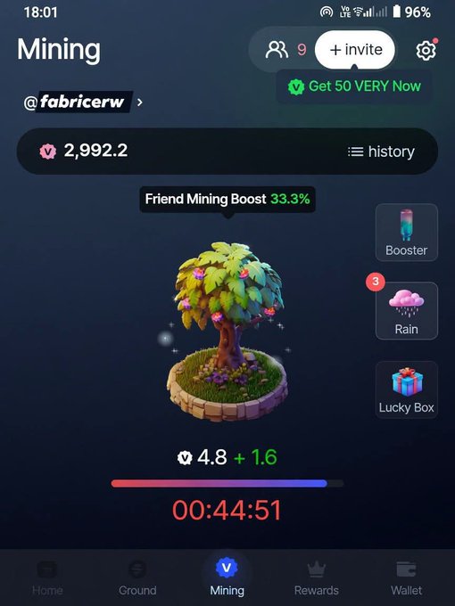 A "Mining" screen from the VeryChat app (@fabricerw) showing a balance of 2,992.2 VERY, a live mining timer at 00:44:51 producing 6.4 tokens, plus Friend Mining Boost of 33.3%, illustrating the early-stage earning features that make joining @verylabs timely.