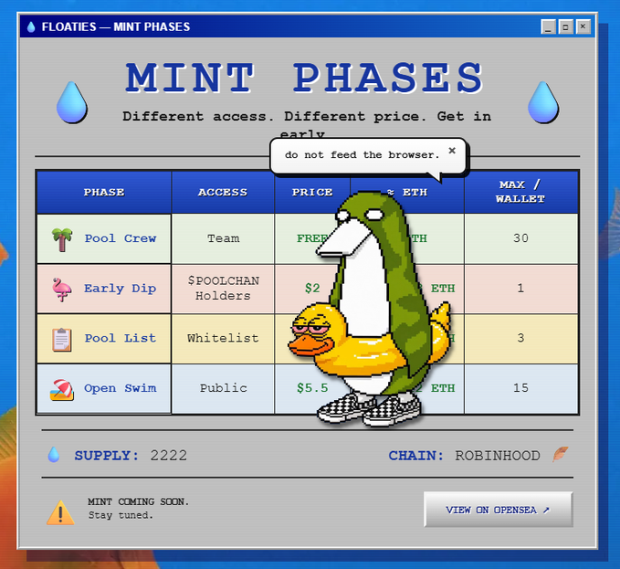A pixel-art styled website interface titled "FLOATIES — MINT PHASES" displays a tiered mint pricing table (Pool Crew, Early Dip, Pool List, Open Swim) with ETH prices and max wallet limits, featuring a cartoon duck in sneakers and a notification reading "do not feed the browser." The total supply is listed as 2222 on the Robinhood chain, promoting a NFT mint launching in 4 hours via poolchan.xyz.
