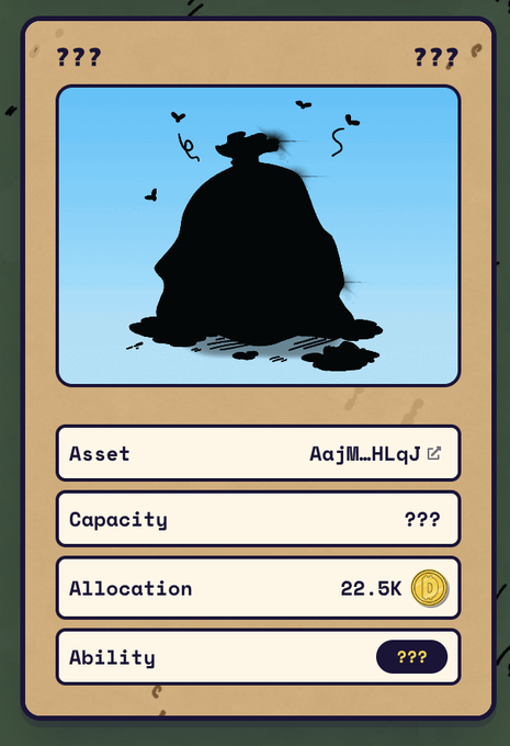 A mystery asset card displaying "Asset: AcqM..HLqJ," "Capacity: ???," "Allocation: 22.5K," and "Ability: ???" with a silhouetted figure wearing a hat, representing a whitelisted spot from the DUMPSTR win, where the unblurred ticker would reveal the winning project, the 22.5K allocation likely refers to the spot size or winning bid, and the hidden capacity and ability hint at the undisclosed details of the upcoming NFT mint.