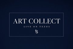 A dark blue title card reads 'ART COLLECT LIVE ON TEZOS' with a small logo beneath.