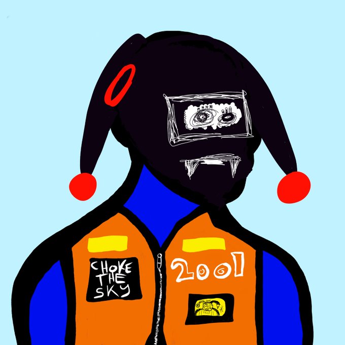 A stylized digital drawing features a character in a black jester hat with red accents wearing an orange vest over a blue shirt, with visible text reading 'CHOKE THE SKY' and '2001'.