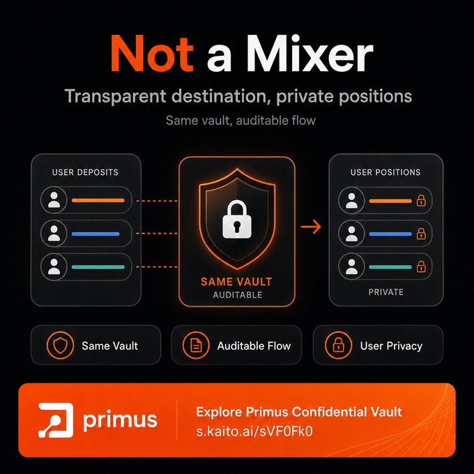 Promotional graphic titled 'Not a Mixer: Transparent destination, private positions' explaining the Primus Confidential Vault's features including Same Vault, Auditable Flow, and User Privacy.