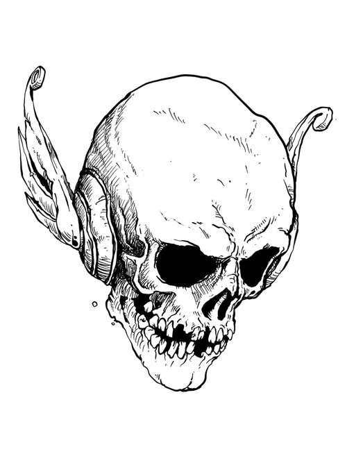 A detailed black-and-white ink illustration of a menacing skull wearing headphones, with musical notes floating nearby, fitting the artist's reference to their music-inspired drawing as they consider reducing their print edition sizes. The artwork showcases the dark, intricate style that collectors would want in a limited-run piece, reinforcing the appeal of smaller, more exclusive editions.