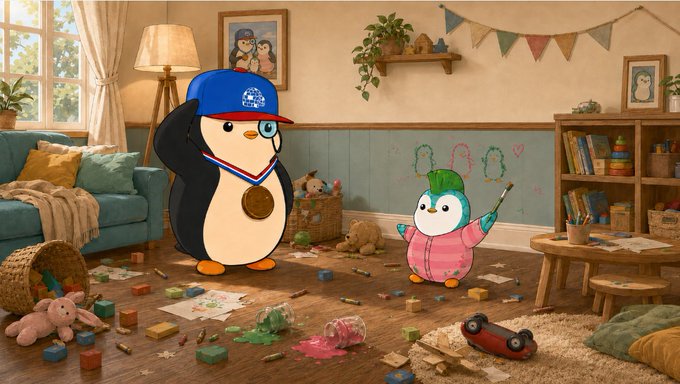 Two Pudgy Penguins characters—one wearing a blue "CAPTAIN" cap and a gold medal, the other a smaller one in pink pajamas holding a paintbrush—stand amid a chaotic, colorful playroom filled with scattered toys, crayons, and spilled paint. The scene playfully illustrates the "full-time parenting job" of watching over a hyperactive, art-obsessed child, with the mess serving as evidence of the Pudgy's creative mischief.