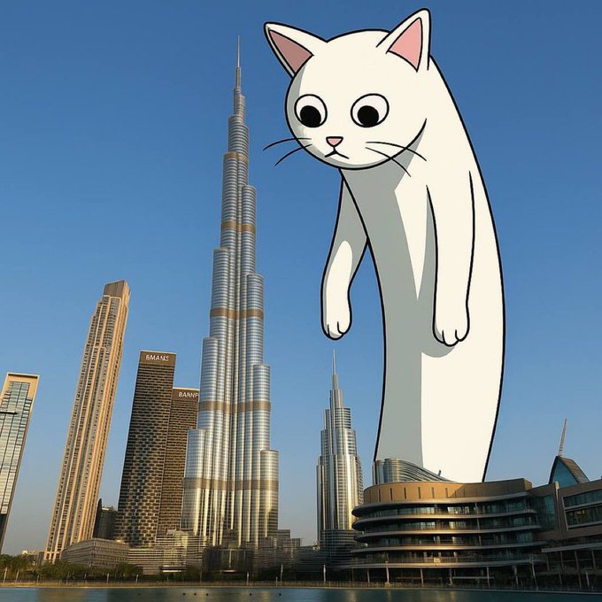 A composite image showing the Burj Khalifa and surrounding buildings in Dubai, with a giant cartoon white cat superimposed in the foreground against a clear blue sky.