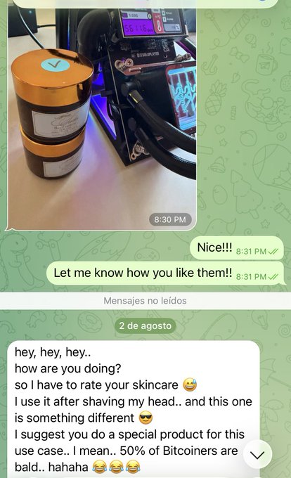 A screenshot of a chat conversation where someone rates skincare products, suggesting a special product for bald people after shaving, noting '50% of Bitcoiners are bald.. hahaha 😂😂😂'.