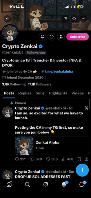 A Twitter/X profile for Crypto Zenkai (@zenkaixbt), a crypto trader with 17.1K followers, featuring a pinned post about Zenkai Alpha.