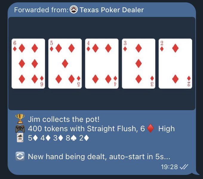 The image contains a message from Jim that reads, "Jim collects the pot!" It seems like the poker game has been won by Jim. The rest of the conversation revolves around discussing the hand and its possible moves related to poker strategy.