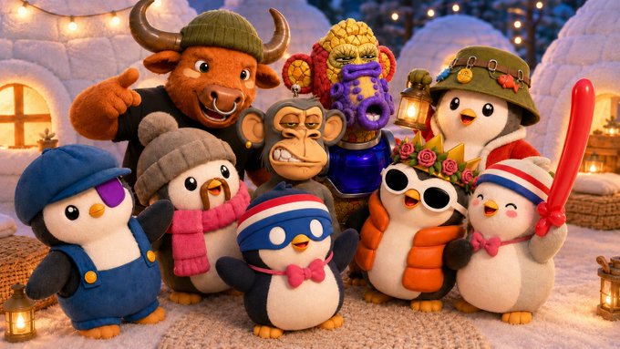 The image features a group of stuffed animals, including penguins and a monkey, standing together against a gray background. The text "BuddyWorld just got bored with @PeterParkerNFT awake at liveinbuddyworld.com" is present in the image. This suggests that the post might be related to a discussion or review about the animated series "BuddyWorld". The animals appear to be posing for a photo, and their arrangement conveys a sense of camaraderie among them.