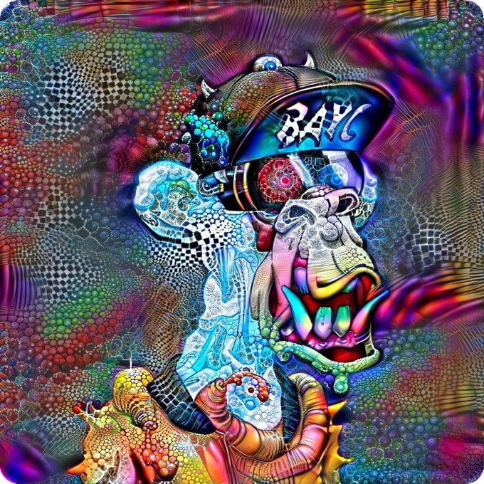 A vibrant, psychedelic digital illustration of a colorful, distorted character wearing a 'RAY' cap with wild teeth and a manic expression, surrounded by intricate patterned textures in rainbow colors.