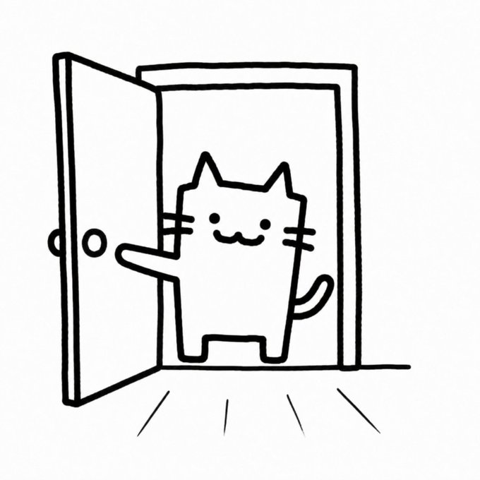 A simple black-and-white line drawing of a smiling cat opening a door with light shining through.