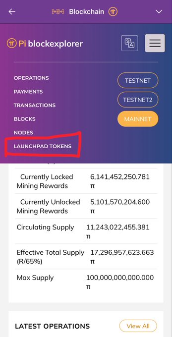 Screenshot of a Pi blockchain explorer mobile app interface, with a red box highlighting the "LAUNCHPAD TOKENS" option in the navigation menu.