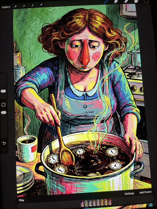 A stylized digital illustration shown on a tablet screen in the Gallery app, depicting a woman with curly red hair stirring a large pot of steaming soup or stew in a green-tinted kitchen.