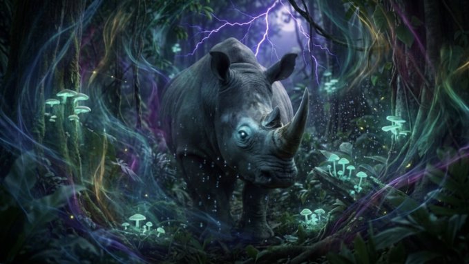 A mystical digital artwork of a glowing rhinoceros standing in a dark enchanted forest filled with bioluminescent mushrooms and illuminated by lightning.