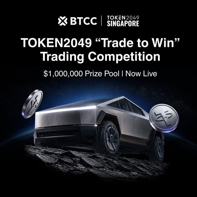 A promotional poster for the BTCC TOKEN2049 Singapore "Trade to Win" Trading Competition, featuring a $1,000,000 prize pool with a Tesla Cybertruck displayed against a cosmic backdrop alongside Bitcoin and Tether coins. The image visually highlights the headline prize mentioned in the post, emphasizing the competition's connection to the TOKEN2049 Singapore event.