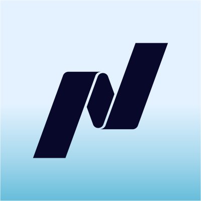 A minimalist logo featuring a stylized dark navy 'N' (or 'M/N') shape on a light blue gradient background.