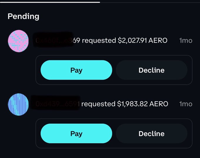 A dark-themed mobile app screen showing two pending payment requests for AERO tokens—one for $2,027.91 and another for $1,983.82, each with Pay and Decline button options.