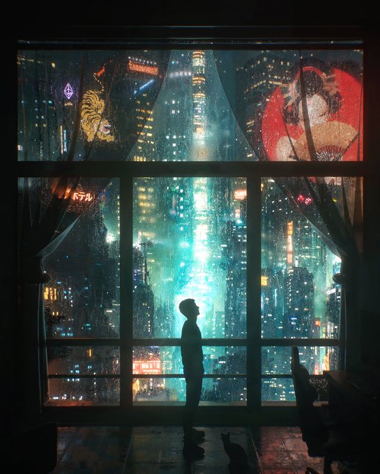 A lone figure stands silhouetted against a rain-streaked window overlooking a neon-drenched cyberpunk cityscape, gazing up at towering billboards—one featuring a golden tiger and another a red Geisha—as small black cats prowl in the shadows below. The image evokes the transience of modern digital existence, mirroring the post's lament on fleeting ownership—how the vibrant but ephemeral urban world reflects our subscriptions, possessions, and even identities that vanish the moment we stop paying or the provider pulls the plug.
