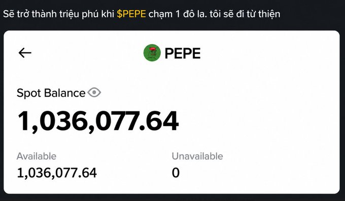 A Binance Spot Balance screenshot showing a PEPE token balance of 1,036,077.64, with Vietnamese text at the top reading "Sẽ trở thành triệu phú khi $PEPE chạm 1 đô la, tôi sẽ đi từ thiện."