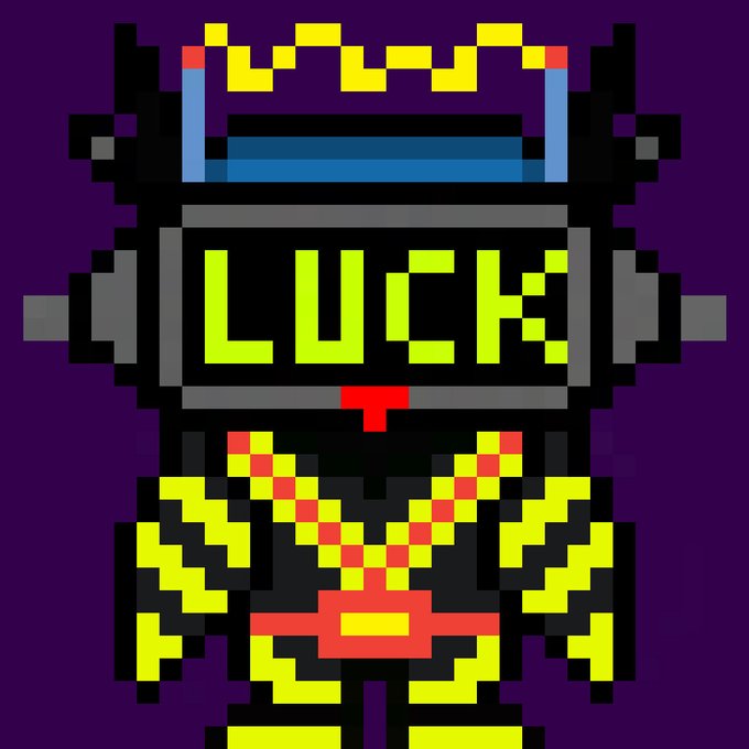 A pixel art image displays a robotic figure on a purple background, with the word 'LUCK' displayed in bright green letters across its faceplate.