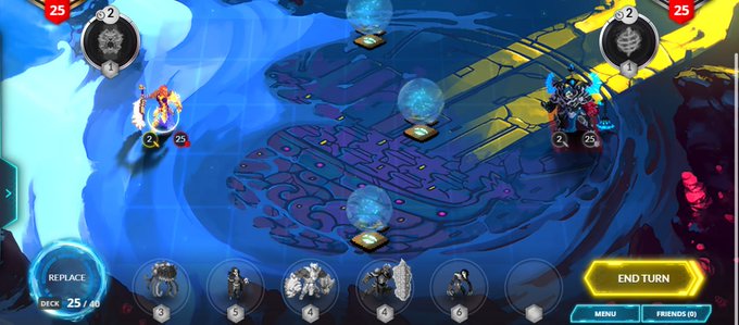 A screenshot of a turn-based digital card game with a blue mystical battlefield, two player avatars, a hand of character cards at the bottom, and an 'END TURN' button.