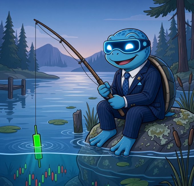An illustration of a blue turtle wearing a suit, tie, and glowing sunglasses, fishing with a rod at a lake with mountains in the background; the float on the line resembles a candlestick chart pattern.
