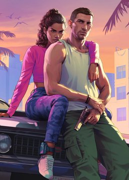 The image depicts stylized video game artwork of a couple—a woman in a pink jacket sitting on a car, and a muscular man holding a pistol—set against a sunset backdrop with palm trees, evoking the Vice City aesthetic of Grand Theft Auto. The caption references GTA 6 being the frontrunner for Game of the Year at the 2026 Game Awards per Polymarket predictions.