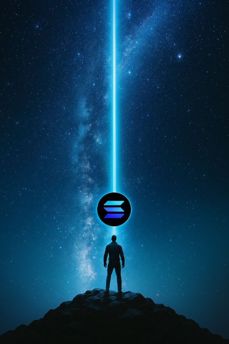 A silhouette of a person stands atop a rocky outcrop beneath a starry sky, gazing at a glowing blue beam of light that intersects a Solana (SOL) logo hovering above them. The cosmic setting and illuminated symbol visually amplify the post's message of unwavering optimism toward Solana.