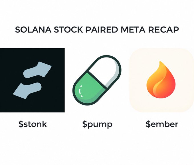 The image, titled "SOLANA STOCK PAIRED META RECAP," displays three key ticker symbols—$stonk (shown with arrows), $pump (a green and white pill icon), and $ember (a flame icon)—serving as a visual reference for navigating Solana's stock and custom-pair token launch ecosystem, including platforms like Raydium LaunchLab and StonkFun.