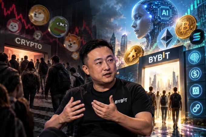 A man in a black 'BYBIT' t-shirt speaking in front of a stylized futuristic cityscape background featuring 'CRYPTO' and 'BYBIT' storefronts, an AI humanoid figure, Dogecoin and Pepe memes, and logos for Bitcoin, Ethereum, and Solana.
