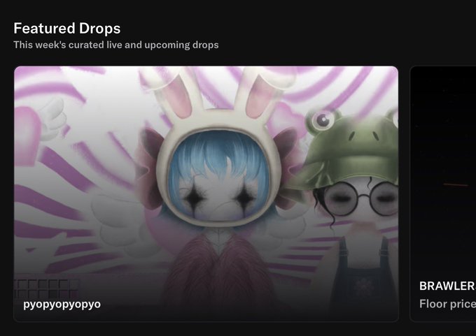 A 'Featured Drops' section from what appears to be an NFT marketplace, showcasing artwork labeled 'pyopyopyopyo' featuring stylized characters with blue and green hair, with a 'BRAWLER' listing showing 'Floor price' on the right.