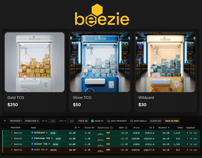A digital marketplace interface for 'beezie' displaying three items: 'Gold TCG' for $250, 'Silver TCG' for $50, and 'Wildcard' for $30, shown as 3D claw machine illustrations above a data table.