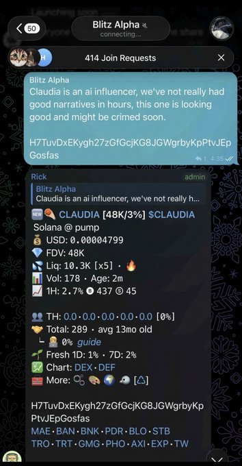 A Telegram chat screenshot from 'Blitz Alpha' discusses the $CLAUDIA token on Solana, noting it's a pump with a USD of 0.00004799, a liquidity of 10.3K, and an FDV of 48K.