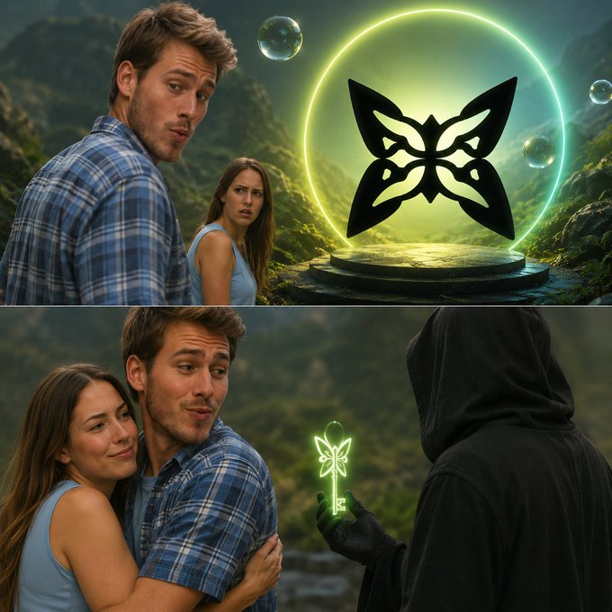 The image features a collage of four photos depicting a man holding a key with a butterfly design on it, while a woman looks at him from behind her. The first photo shows the man and woman together, the second photo shows them apart, the third photo shows the man looking at the woman, and the fourth photo shows the woman looking at the man. The collage also includes text that reads "Eid Mubarak to everyone celebrating Feels like the timing is perfect because @quipnetwork just dropped one of their most interesting updates yet".