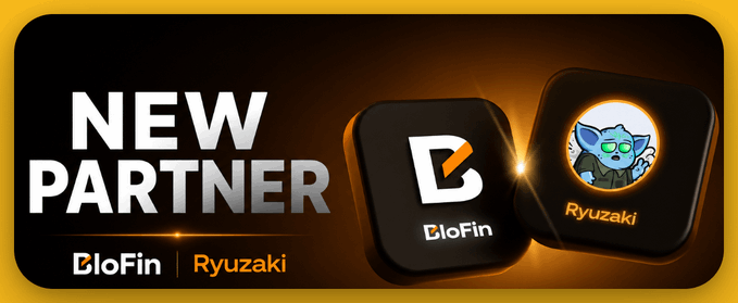 A promotional graphic announcing 'NEW PARTNER' with logos for BloFin and Ryuzaki, featuring a cartoon character on a black and orange background.