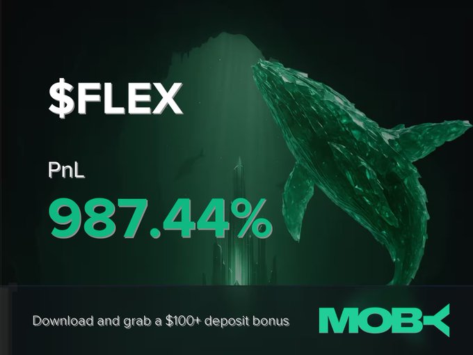 A Moby Mobile win alert showcasing a trader's massive +987.44% PnL on $FLEX, featuring a dramatic underwater whale graphic alongside the offer to "Download and grab a $100+ deposit bonus."