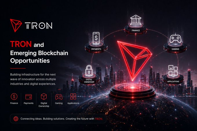Marketing graphic for TRON titled 'TRON and Emerging Blockchain Opportunities' showing applications across finance, payments, digital ownership, gaming, and applications.