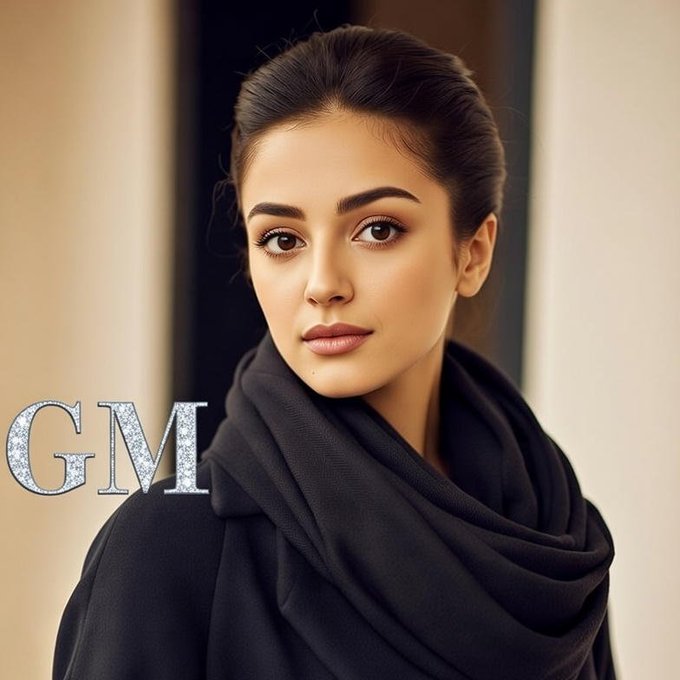 The image features a woman with brown hair wearing a black scarf around her neck. She has dark makeup on, giving her a stylish appearance. The background of the image is white, which contrasts nicely with the woman's dark hair and outfit. There are also some diamonds visible in the image, adding an elegant touch to the overall look.