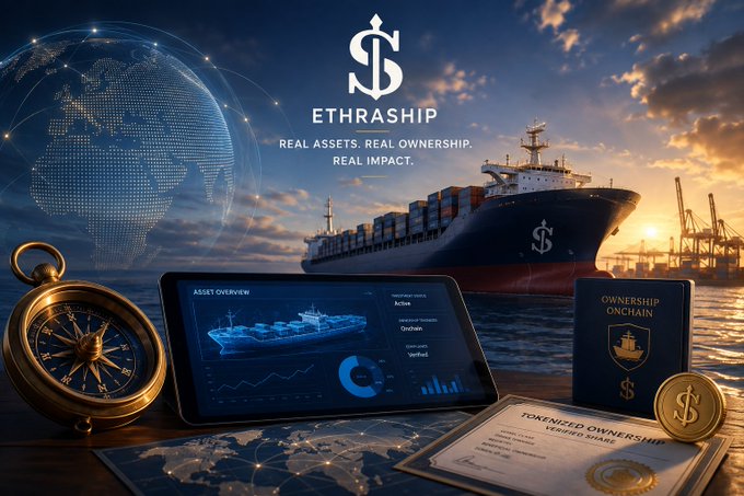 A promotional graphic for 'ETHRASHIP' with the tagline 'REAL ASSETS. REAL OWNERSHIP. REAL IMPACT.' It features a container ship at a port, a globe, a tablet showing asset analytics, a compass, and a document labeled 'TOKENIZED OWNERSHIP VERIFIED SHARE.'