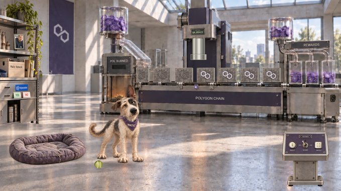 A small terrier-mix dog wearing a purple collar stands on a shiny floor next to a purple dog bed, with 'POLYGON CHAIN' machinery in the background.
