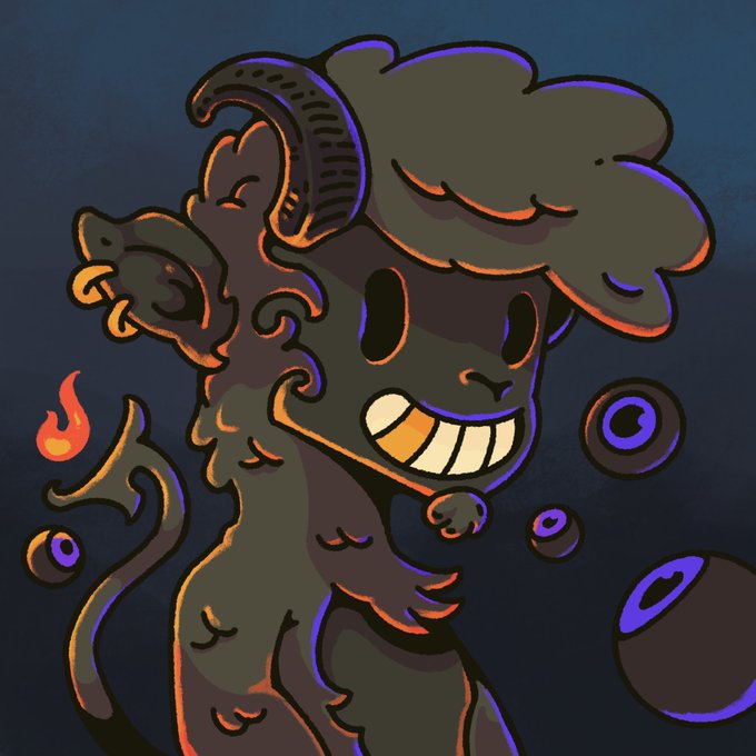 The image features a cartoon character, likely a goat or a ram, with a large head and horns, standing against a dark blue background. The character has a big smile on its face and appears to be looking directly at the camera. There are also some circles in the background that seem to represent bubbles. The caption "THE BLACK GOAT 1/1 by GOAT @DuckzzyOG" suggests that this image is part of a series or collection, possibly related to Goats or goats.