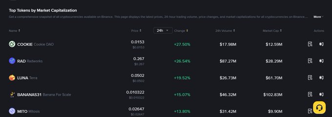 A screenshot of a "Top Tokens by Market Capitalization" list on Binance, showing tokens like Cookie DAO, Radworks, Terra, Banana For Scale, and Mitosis with their respective prices, 24-hour gains, and market caps.